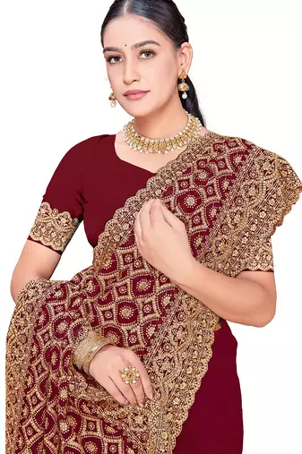 Designer maroon heavy zari embroidery work georgette saree