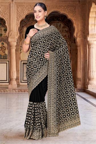 Designer black heavy zari embroidery work georgette saree