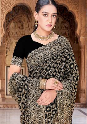 Designer black heavy zari embroidery work georgette saree 2