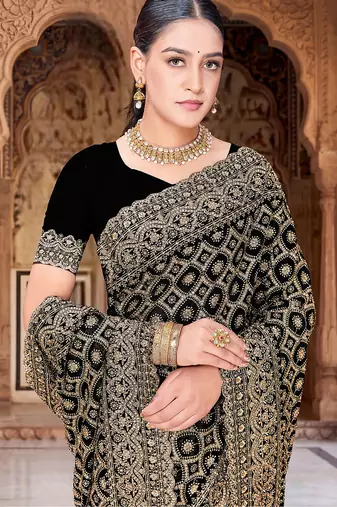 Designer black heavy zari embroidery work georgette saree