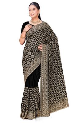 Designer black heavy zari embroidery work georgette saree 3