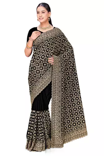 Designer black heavy zari embroidery work georgette saree