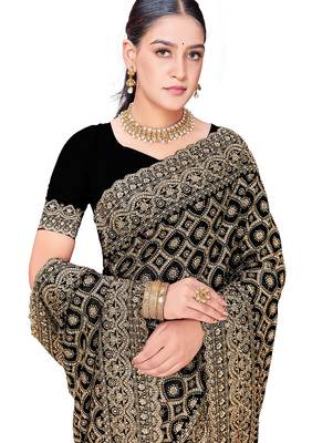 Designer black heavy zari embroidery work georgette saree 4