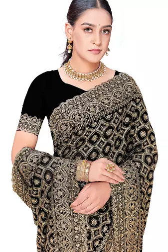 Designer black heavy zari embroidery work georgette saree