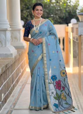 indian sky blue meenakari zari weaving work soft cotton blend saree 1