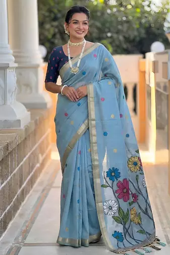 indian sky blue meenakari zari weaving work soft cotton blend saree