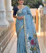 indian sky blue meenakari zari weaving work soft cotton blend saree