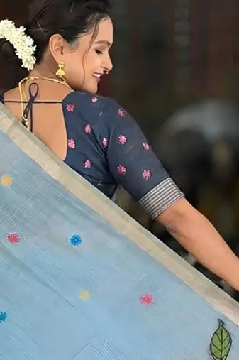 indian sky blue meenakari zari weaving work soft cotton blend saree