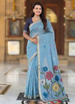 indian sky blue meenakari zari weaving work soft cotton blend saree 4