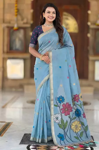 indian sky blue meenakari zari weaving work soft cotton blend saree