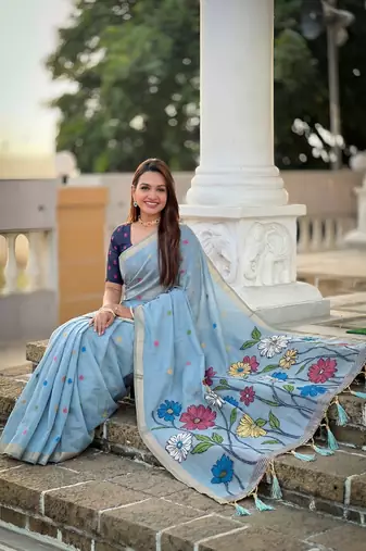 indian sky blue meenakari zari weaving work soft cotton blend saree