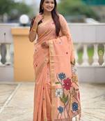 indian peach meenakari zari weaving work soft cotton blend saree