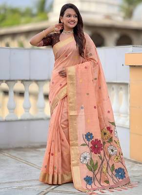 indian peach meenakari zari weaving work soft cotton blend saree 2