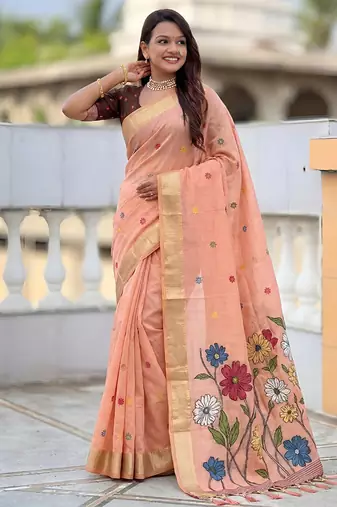 indian peach meenakari zari weaving work soft cotton blend saree