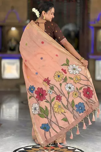 indian peach meenakari zari weaving work soft cotton blend saree