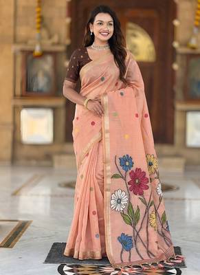 indian peach meenakari zari weaving work soft cotton blend saree 4