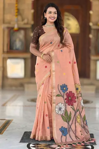 indian peach meenakari zari weaving work soft cotton blend saree