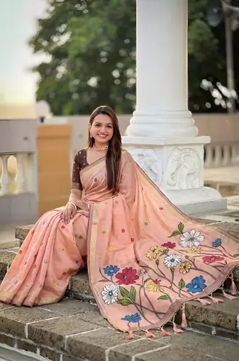 indian peach meenakari zari weaving work soft cotton blend saree