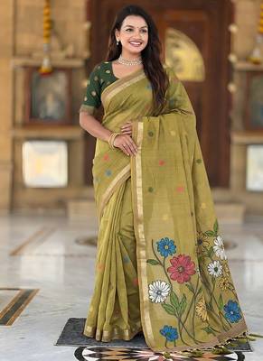 indian mehendi green meenakari zari weaving work soft cotton blend saree 1