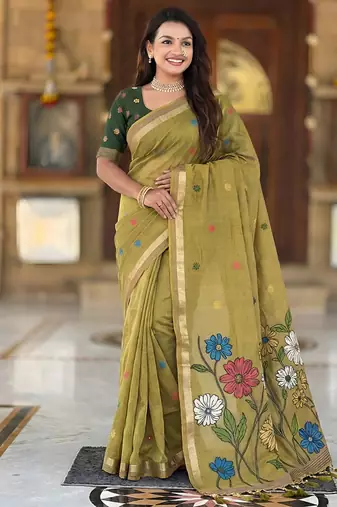 indian mehendi green meenakari zari weaving work soft cotton blend saree