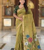 indian mehendi green meenakari zari weaving work soft cotton blend saree