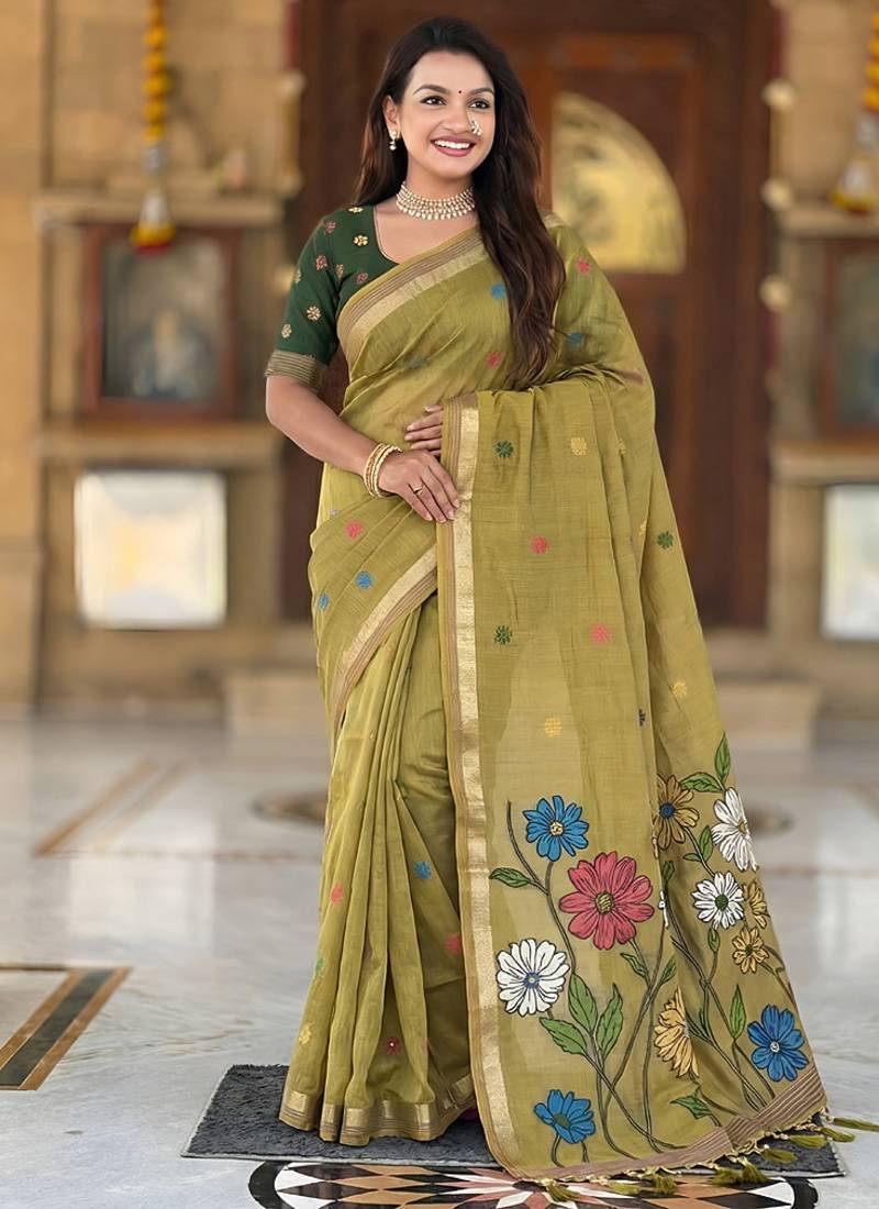 indian mehendi green meenakari zari weaving work soft cotton blend saree