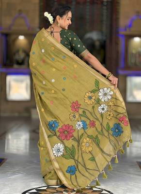 indian mehendi green meenakari zari weaving work soft cotton blend saree 2