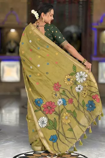 indian mehendi green meenakari zari weaving work soft cotton blend saree