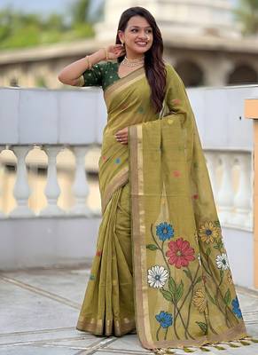 indian mehendi green meenakari zari weaving work soft cotton blend saree 3