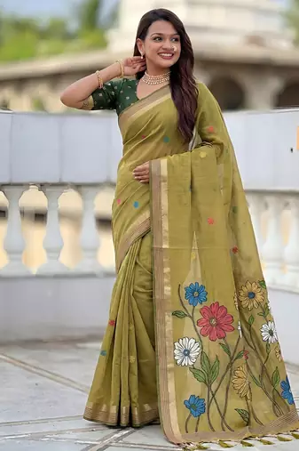 indian mehendi green meenakari zari weaving work soft cotton blend saree