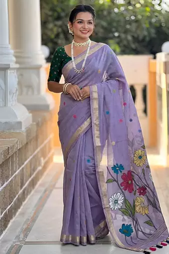 indian lavender meenakari zari weaving work soft cotton blend saree