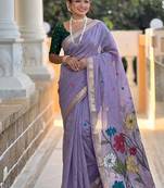 indian lavender meenakari zari weaving work soft cotton blend saree