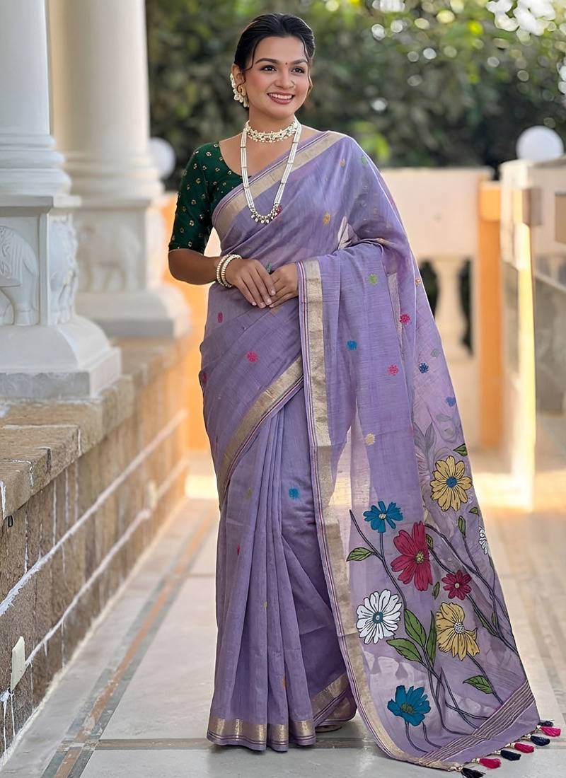 indian lavender meenakari zari weaving work soft cotton blend saree