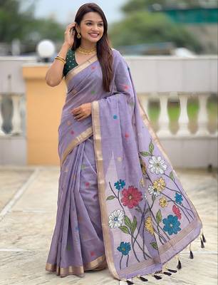 indian lavender meenakari zari weaving work soft cotton blend saree 3