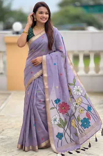 indian lavender meenakari zari weaving work soft cotton blend saree