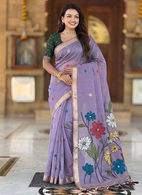 indian lavender meenakari zari weaving work soft cotton blend saree 4