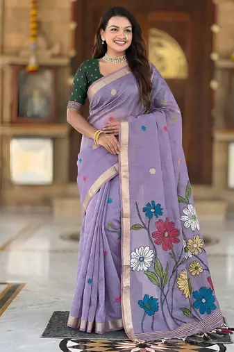 indian lavender meenakari zari weaving work soft cotton blend saree