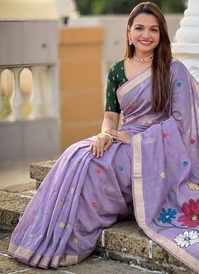 indian lavender meenakari zari weaving work soft cotton blend saree 5