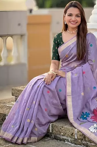 indian lavender meenakari zari weaving work soft cotton blend saree