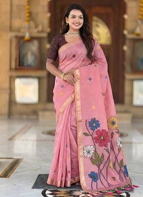 indian pink meenakari zari weaving work soft cotton blend saree 1
