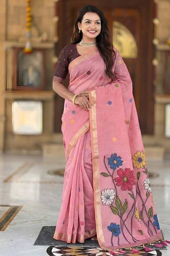indian pink meenakari zari weaving work soft cotton blend saree