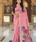 indian pink meenakari zari weaving work soft cotton blend saree