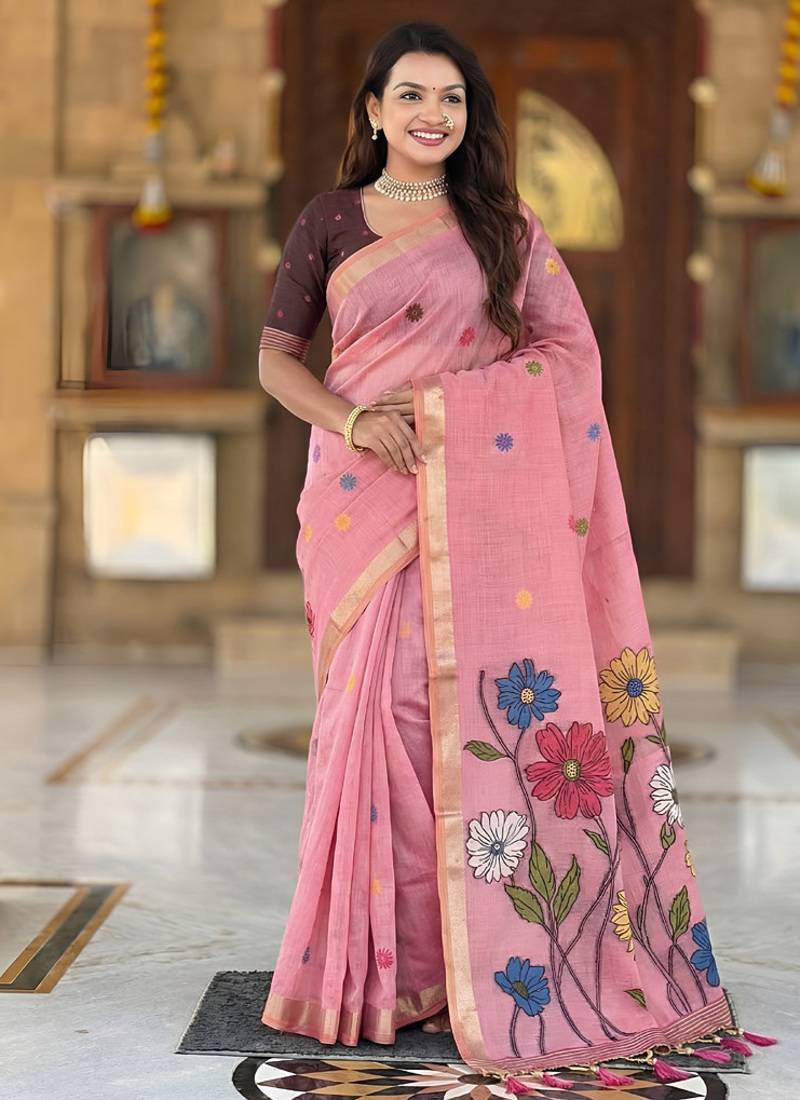 indian pink meenakari zari weaving work soft cotton blend saree