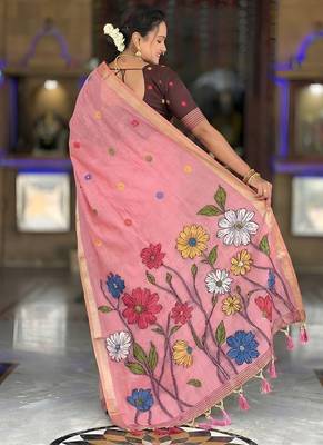 indian pink meenakari zari weaving work soft cotton blend saree 2