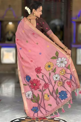 indian pink meenakari zari weaving work soft cotton blend saree
