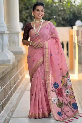 indian pink meenakari zari weaving work soft cotton blend saree