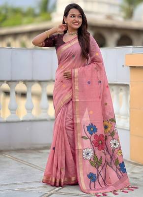 indian pink meenakari zari weaving work soft cotton blend saree 4