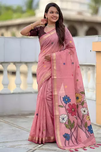 indian pink meenakari zari weaving work soft cotton blend saree