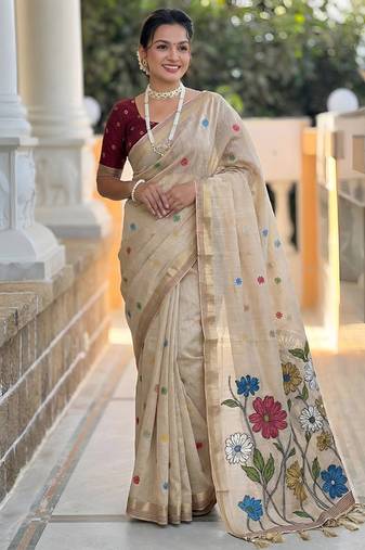 indian beige meenakari zari weaving work soft cotton blend saree