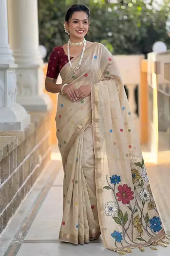 indian beige meenakari zari weaving work soft cotton blend saree